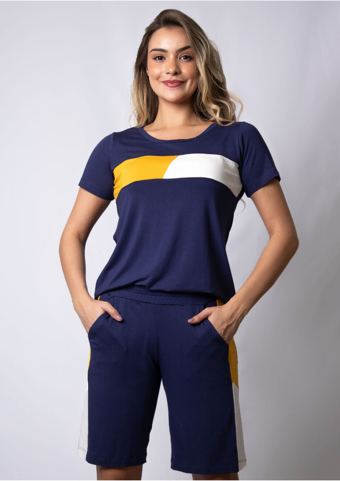 Shorts Viscolycra Azul Marinho e Mostarda | Pau a Pique