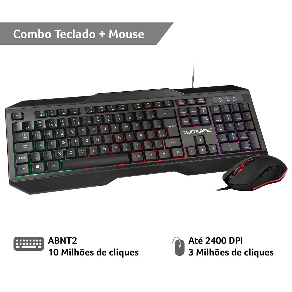 Teclado e Mouse Gamer Multilaser 2400DPI com Fio LED - TC239X [Reembalado]