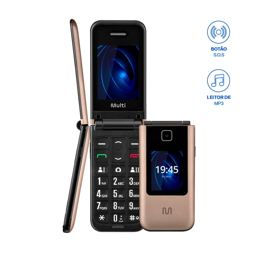 Celular Multilaser Flip Vita Duo Dual Chip + Botão SOS  + Rádio FM + MP3 + Bluetooth + Câmera Dourado - P9163X [Reembalado]